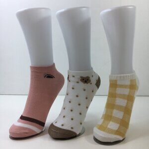Set Of 3 Cute Womens Ankle Socks Fun Patterns Teddy Bear Pink Gingham